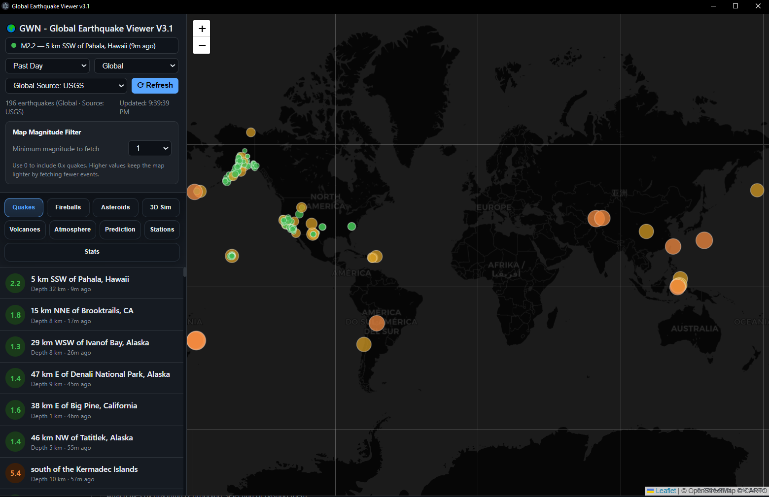 GWN application screenshot showing the world map with earthquake markers and the side panel listing recent seismic events.